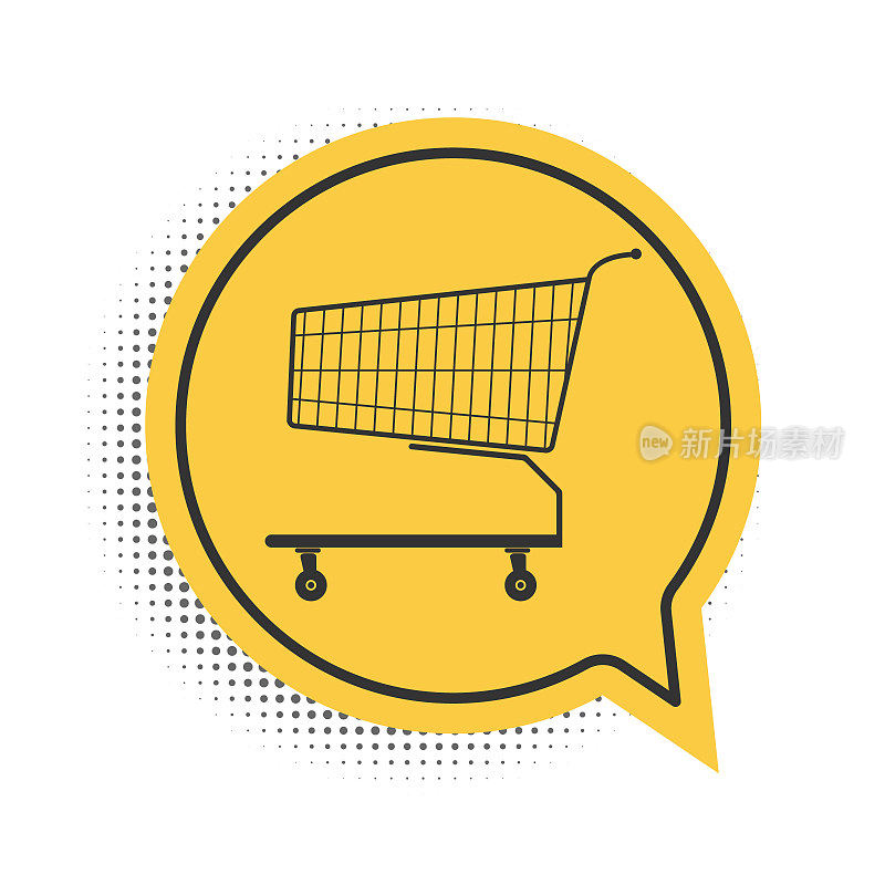 Black Shopping cart icon isolated on white background. Online buying concept. Delivery service sign. Supermarket basket symbol. Yellow speech bubble symbol. Vector